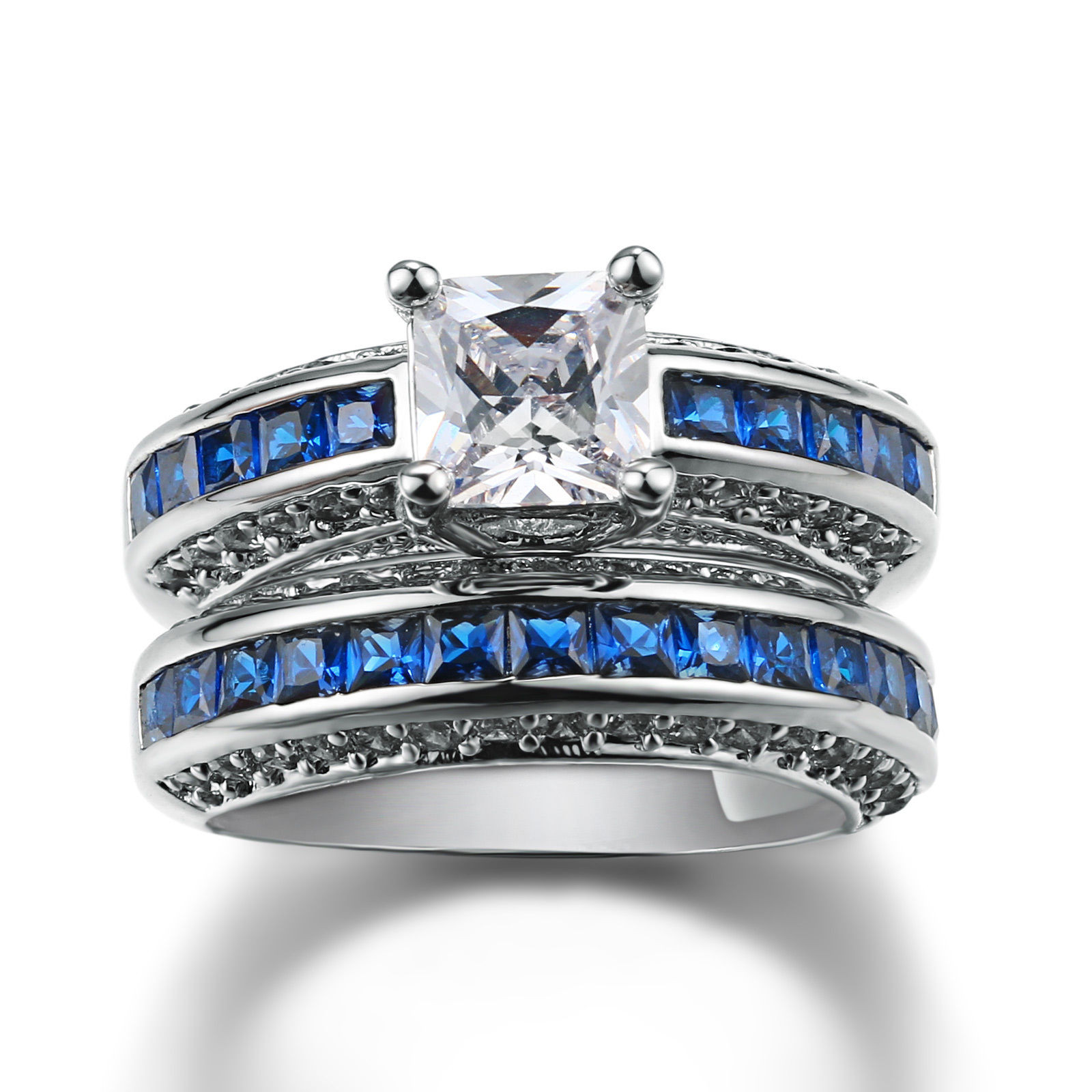 White Sapphire Wedding Ring Sets
 Princess Cut 6mm 925 Silver Sapphire White Gold GF Women
