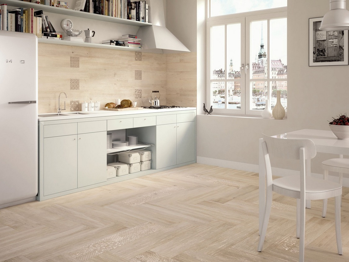 White Tile Flooring Kitchen
 light wooden tiled kitchen splashback and floor wood floor