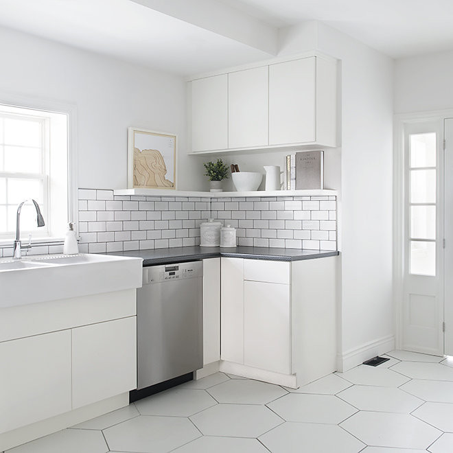 White Tile Flooring Kitchen
 West End Halifax Amazing Contemporary Kitchen Transformation