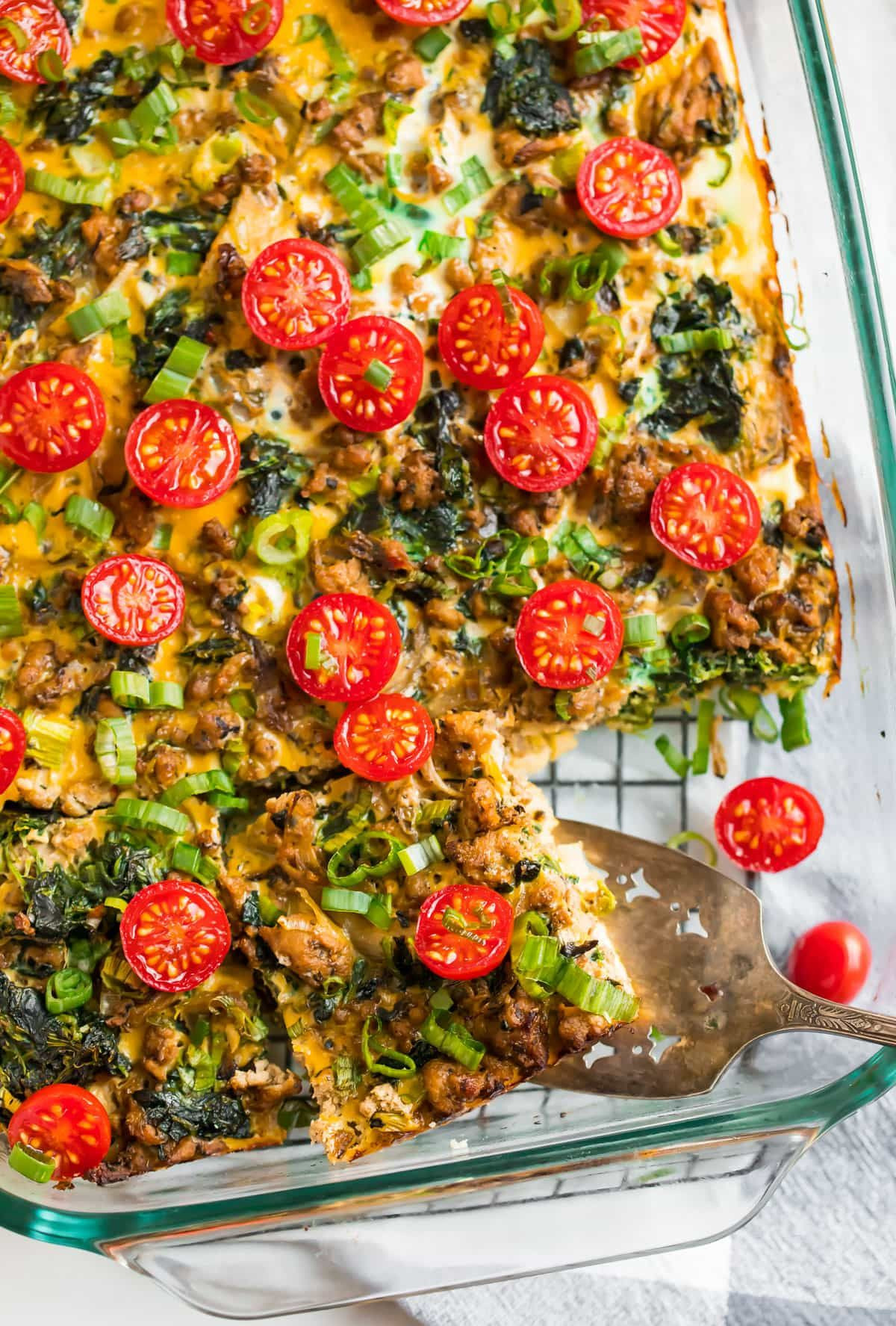 Whole30 Brunch Recipes
 Yummy Whole30 breakfast casserole topped with tomatoes and
