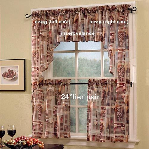Wine Themed Kitchen Curtains
 24" Tastings Wine Print Sheer Tier Curtain Pair By S