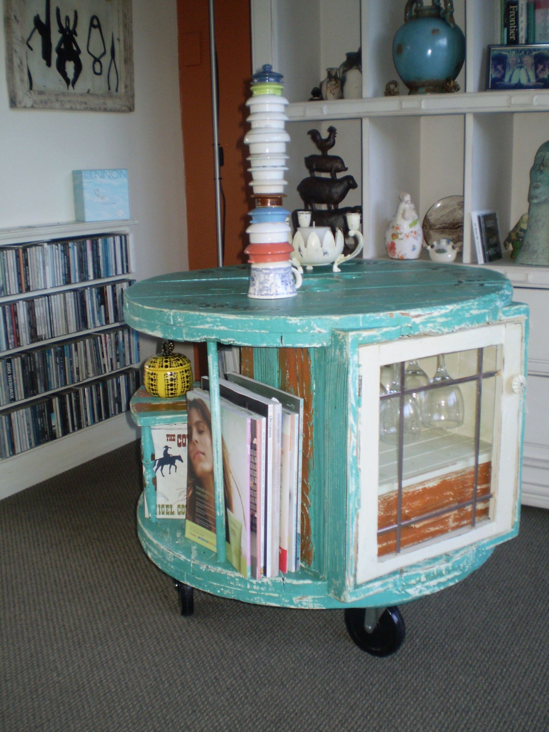 Wire Spool Rack DIY
 Cable reel spool repurposed into a coffee table with a