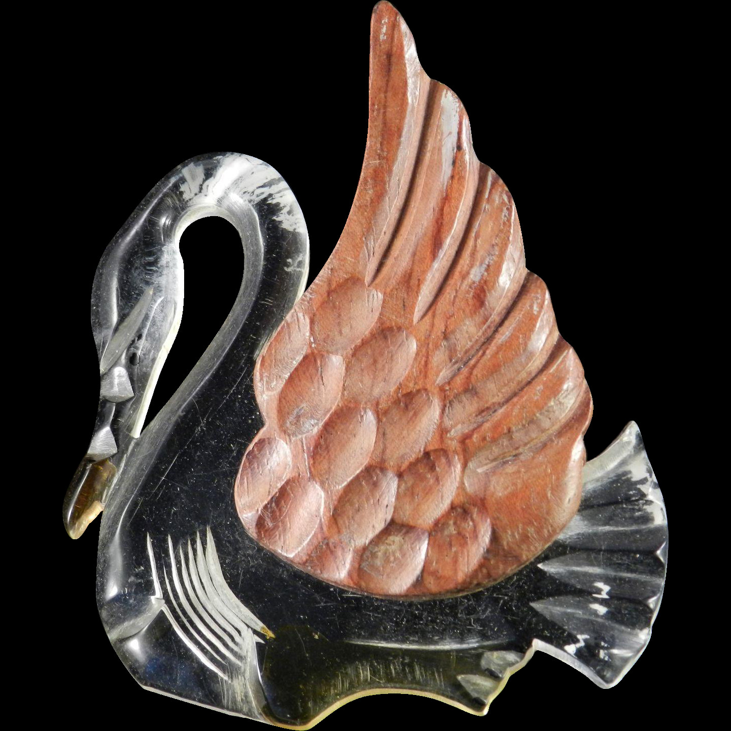 Wooden Brooches
 40s Vintage Lucite Carved Wood Swan Brooch Pin from