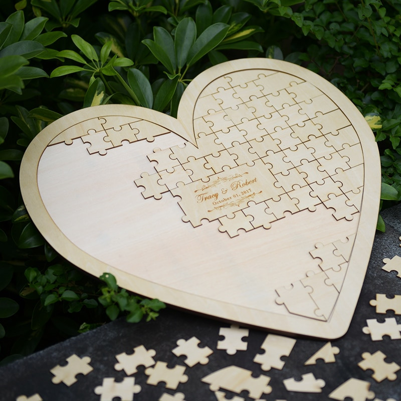 Wooden Puzzle Pieces Wedding Guest Book
 Customs Personalised Puzzle Heart Shaped wedding guestbook