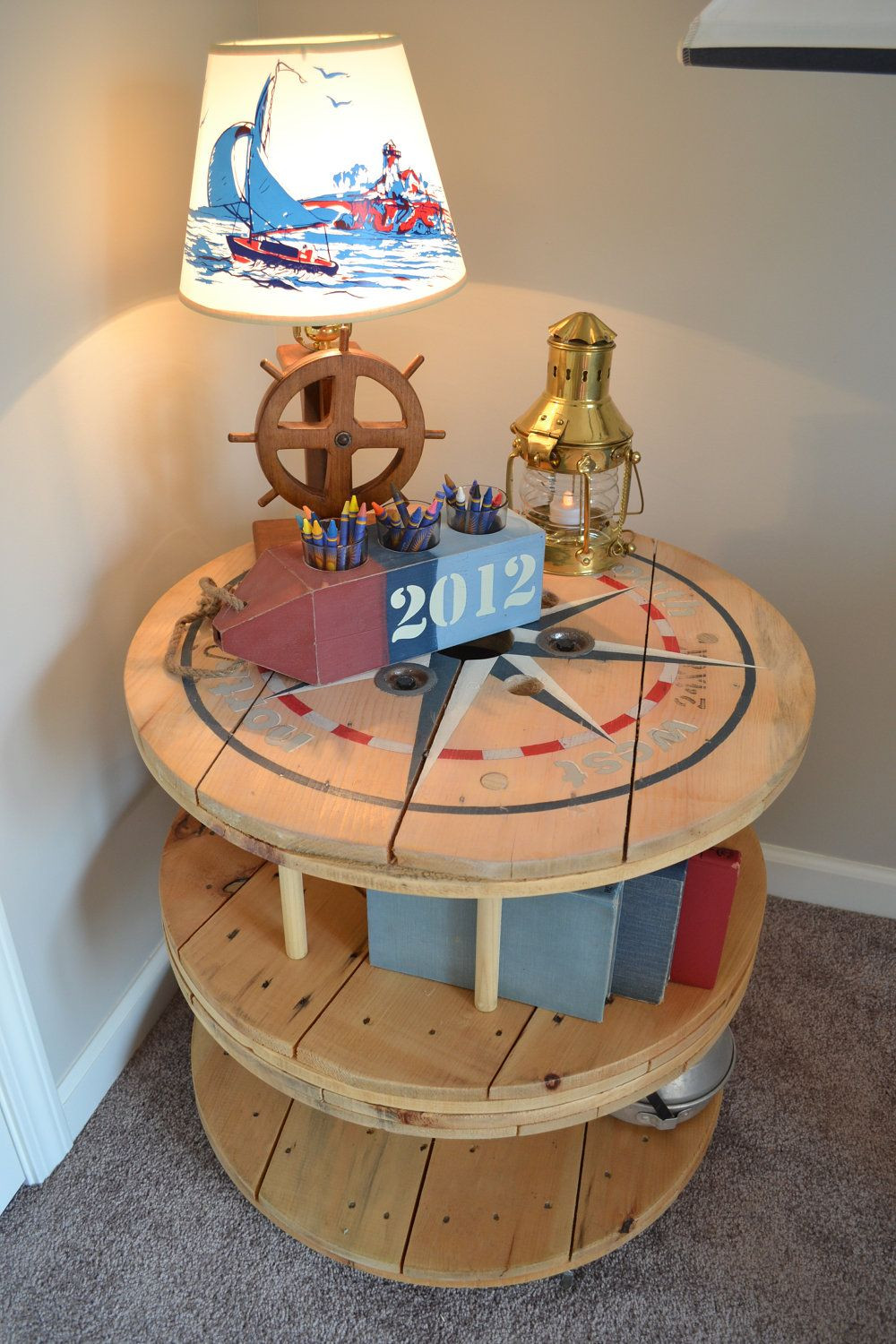 Wooden Spool Craft Ideas
 Nautical Wooden Spool Table Bookcase Etsy