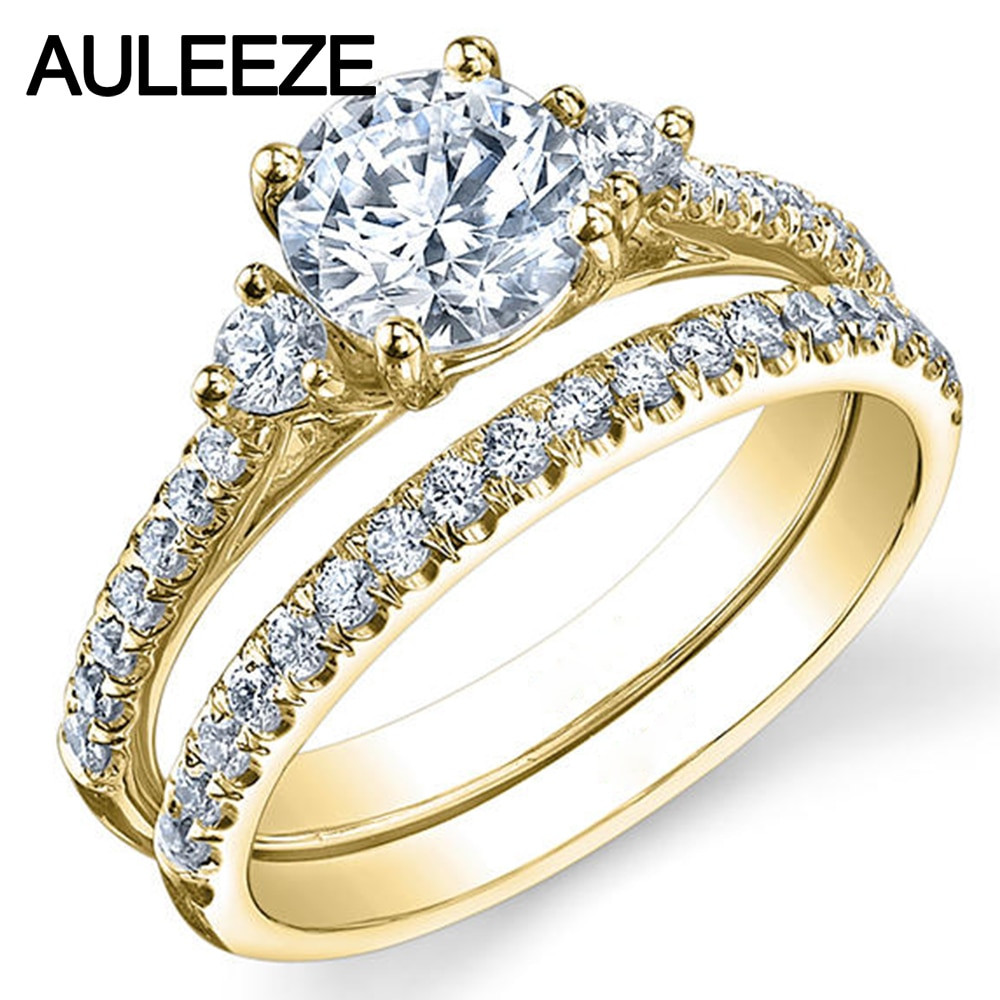 Yellow Gold Wedding Ring Sets
 Three Stone Lab Grown Diamond Ring 1CT Moissanites Bridal