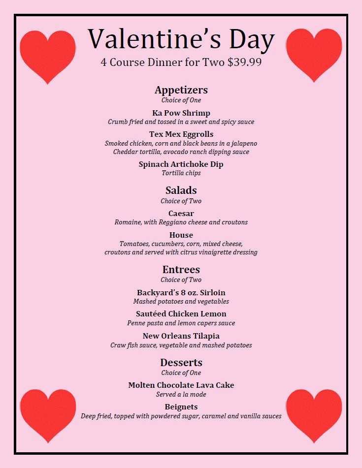 Valentine Day Dinner Menu
 Valentine s Day Dinner Backyard Grill Restaurant