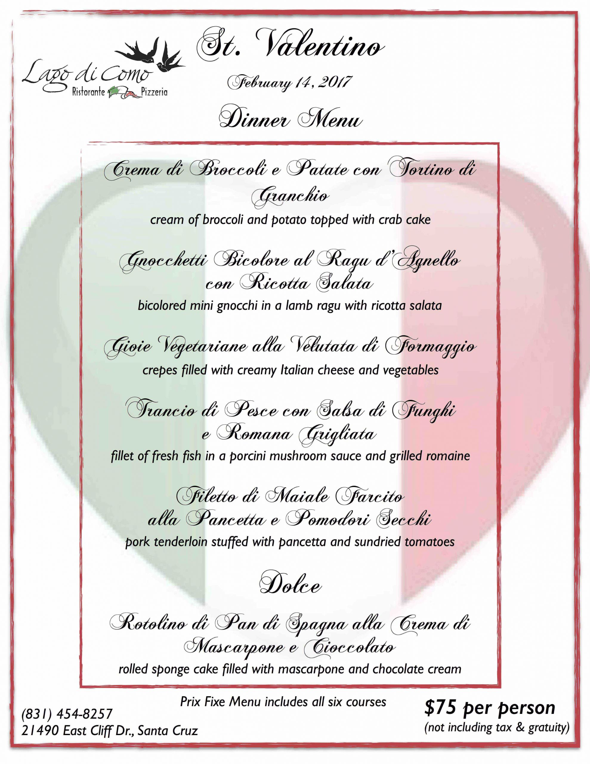 Valentine Dinner Menu
 Valentine’s Day Dinner Menu 2017 – Lago di o