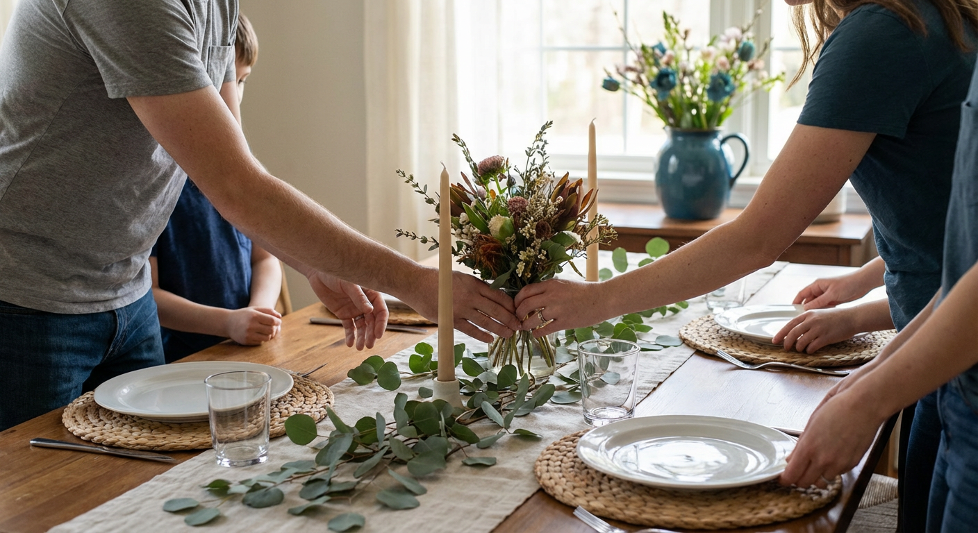 Illustration of people gathered around a spring table with a simple Easter centerpiece in the middle