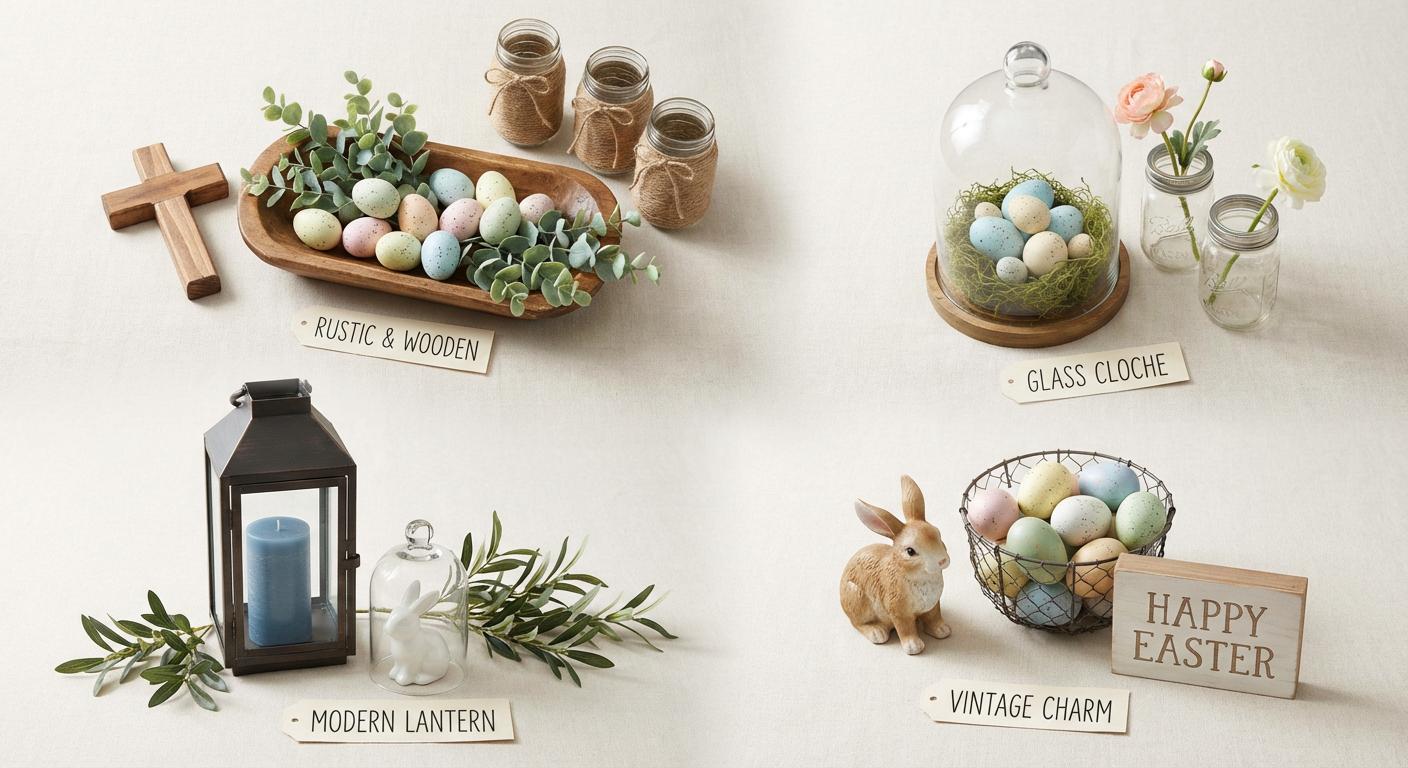Visual representation of several different Easter centerpiece ideas styled together
