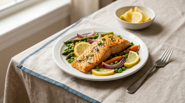 30 Minute Lemon Garlic Salmon with Spring Vegetables (One-Pan)