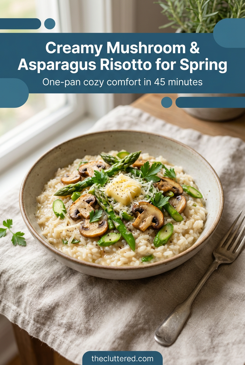 Creamy mushroom and asparagus risotto in a white bowl, garnished with parsley and lemon zest
