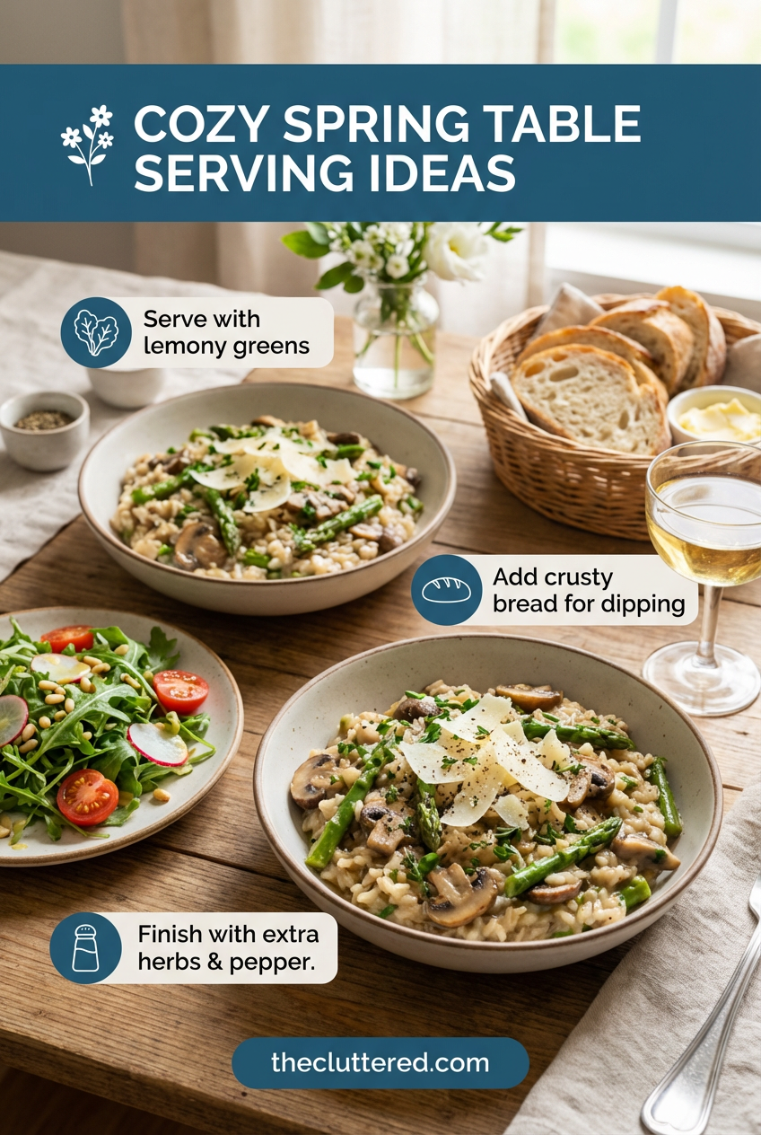 Risotto served with arugula salad, white wine, and crusty bread