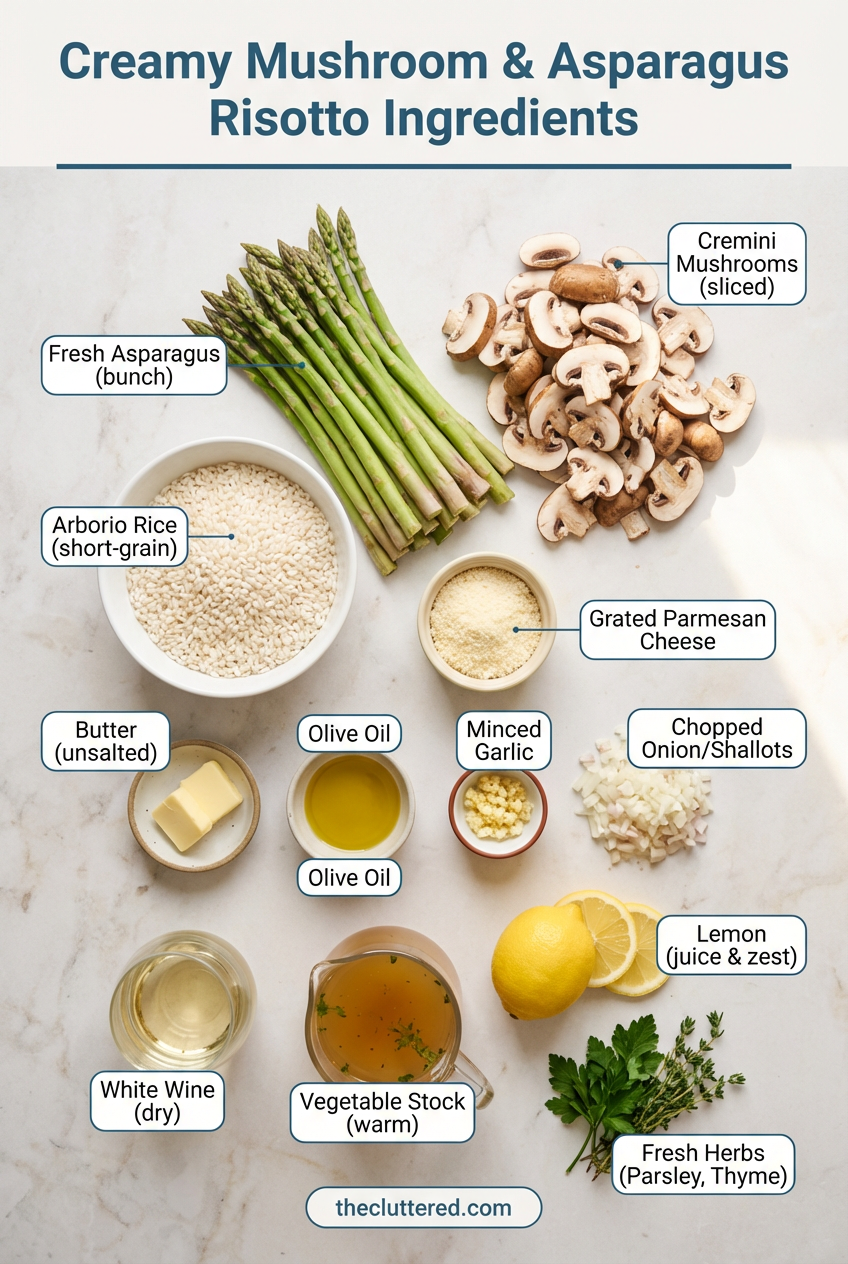 Flat lay of risotto ingredients: mushrooms, asparagus, Arborio rice, Parmesan, and herbs