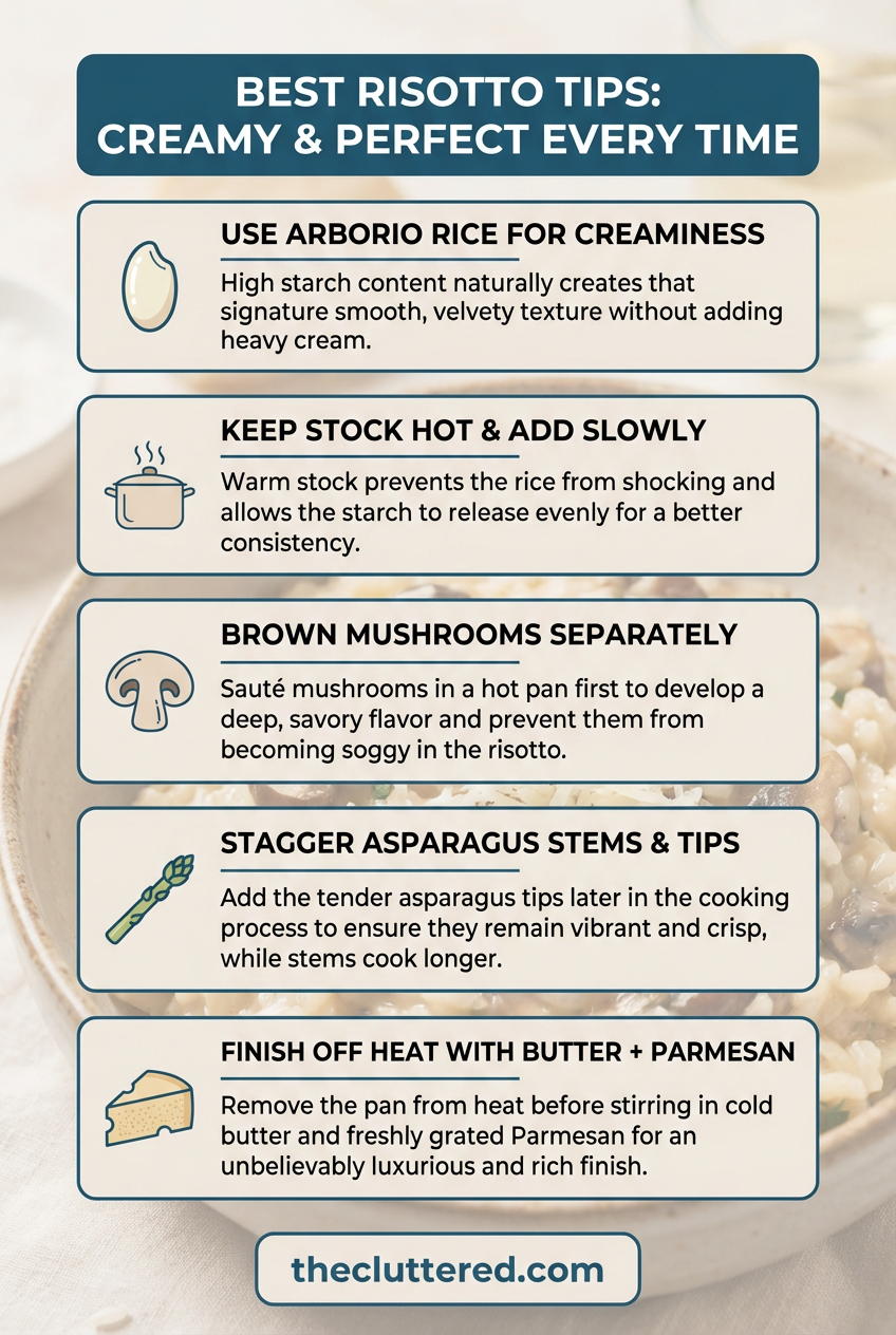 Visual tips for perfect risotto: hot stock, toasted rice, finishing with butter and Parmesan