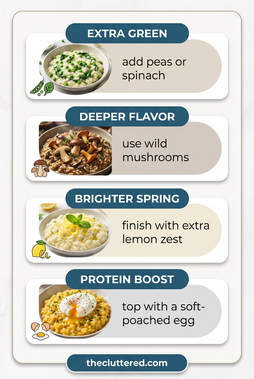 Risotto variations with peas, spinach, wild mushrooms, and lemon zest